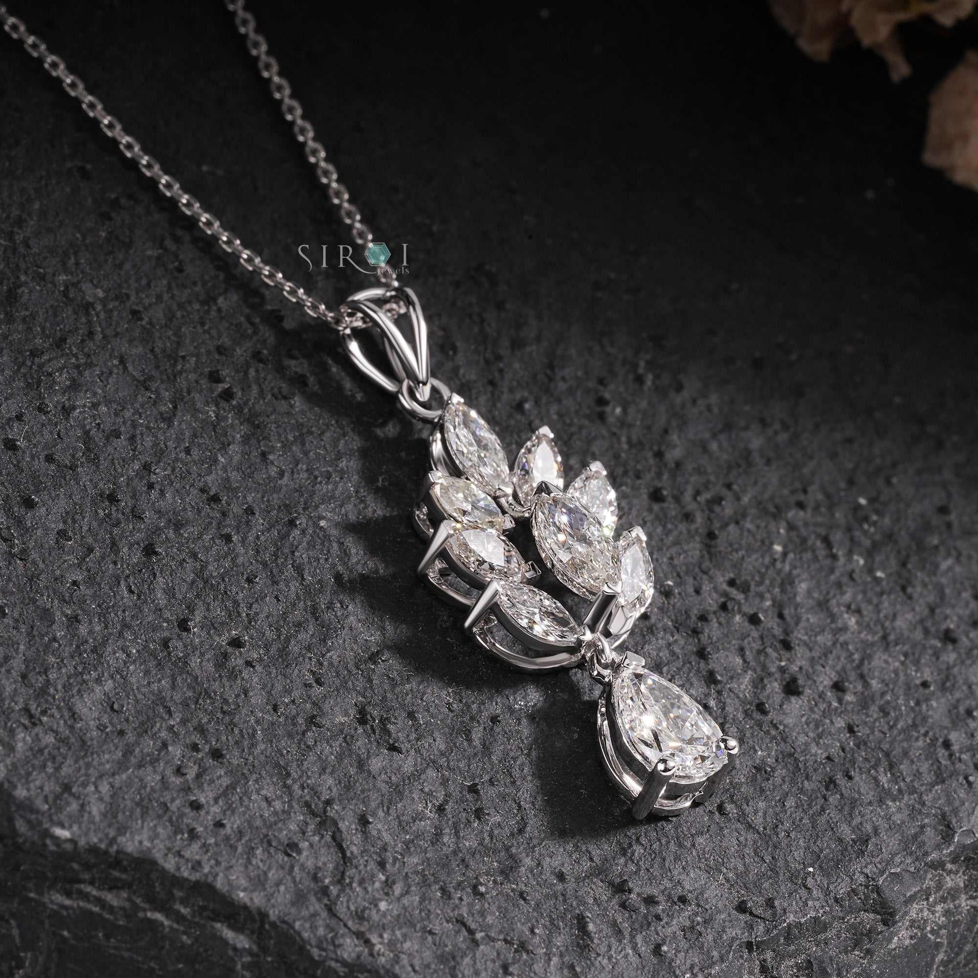 White Gold Cluster Marquise & Pear Fancy Diamond Pendant