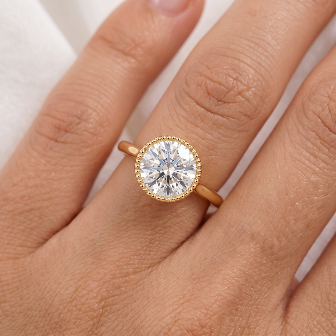 Milgrain Bezel Lab Grown Diamond Ring, Round Cut Solitaire, Solid Gold Engagement Ring