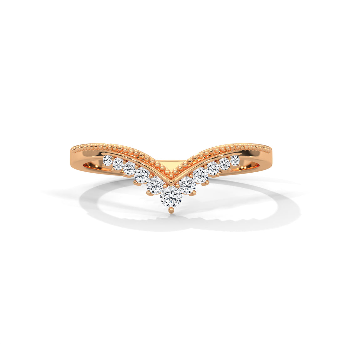 Curved Diamond Chevron Wedding Band, Solid Gold Milgrain V-Shape Stacking Ring
