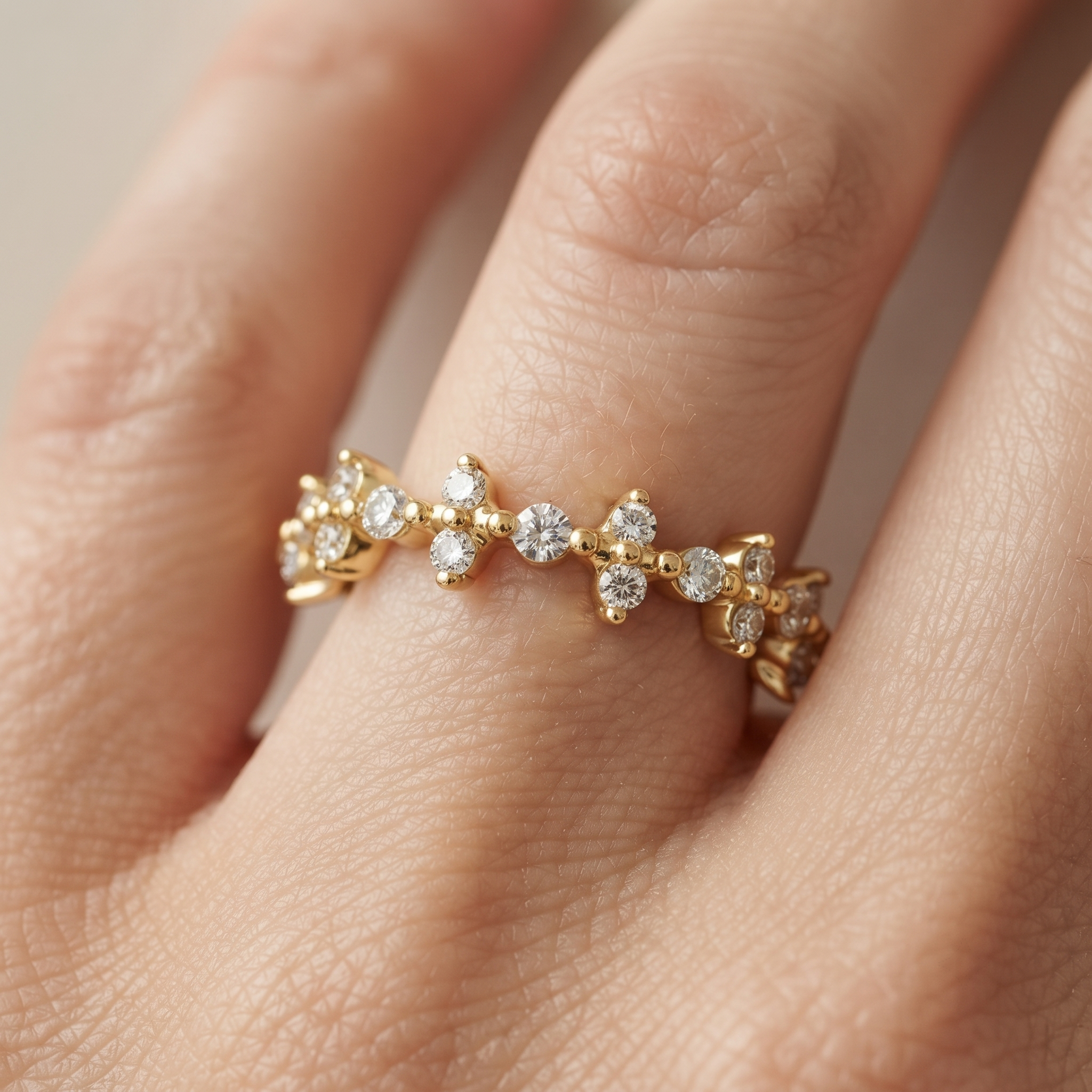 Solid Gold Cluster Diamond Band Ring, Minimalist Wedding Stack, Round Cut Lab Grown
