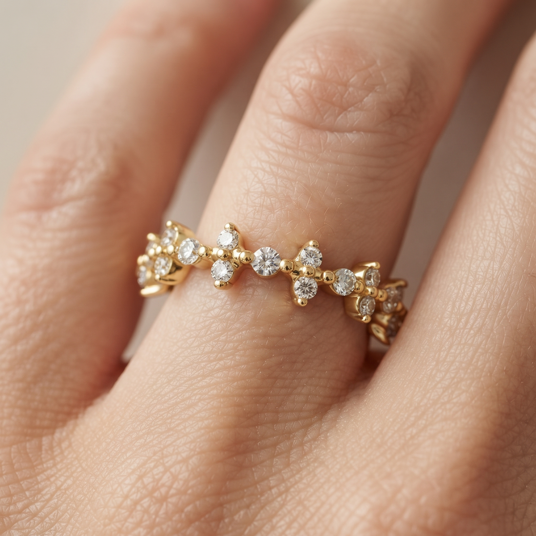 Solid Gold Cluster Diamond Band Ring, Minimalist Wedding Stack, Round Cut Lab Grown