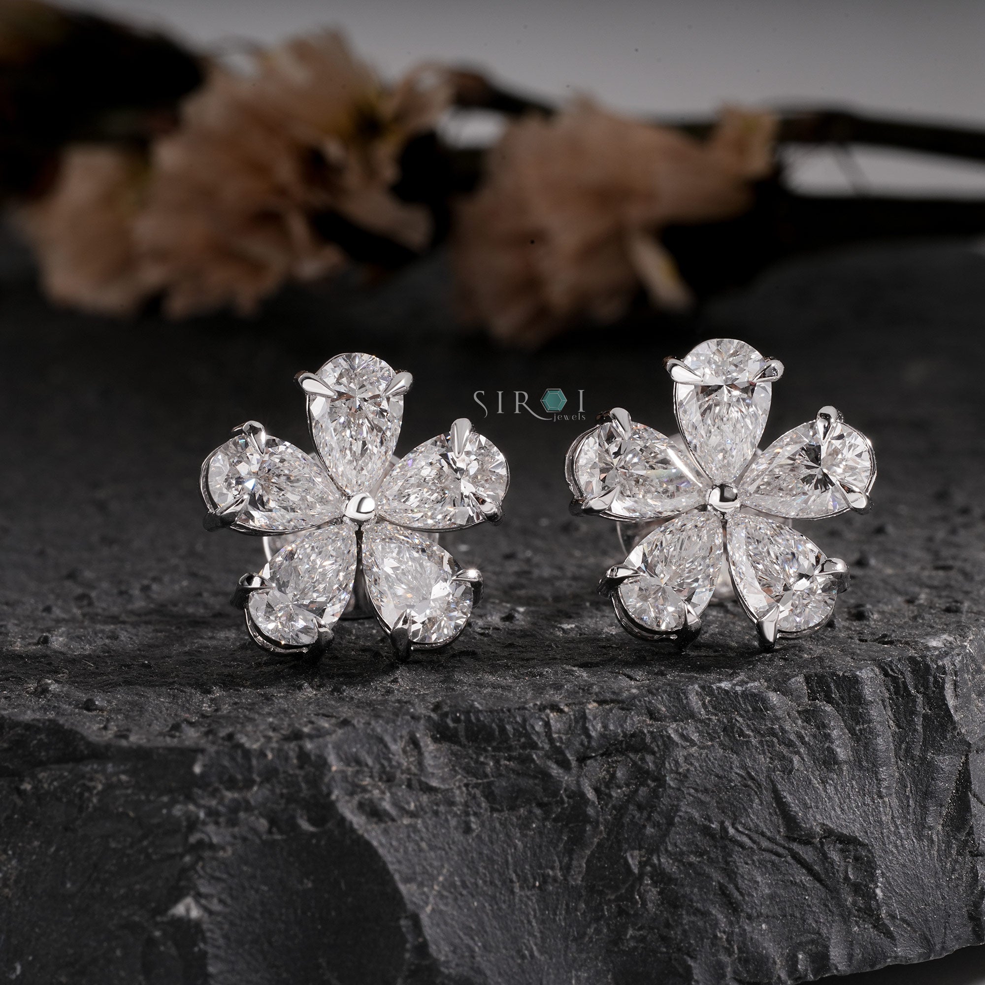 Pear Diamond Flower Cluster pear Stud Earrings in White Gold
