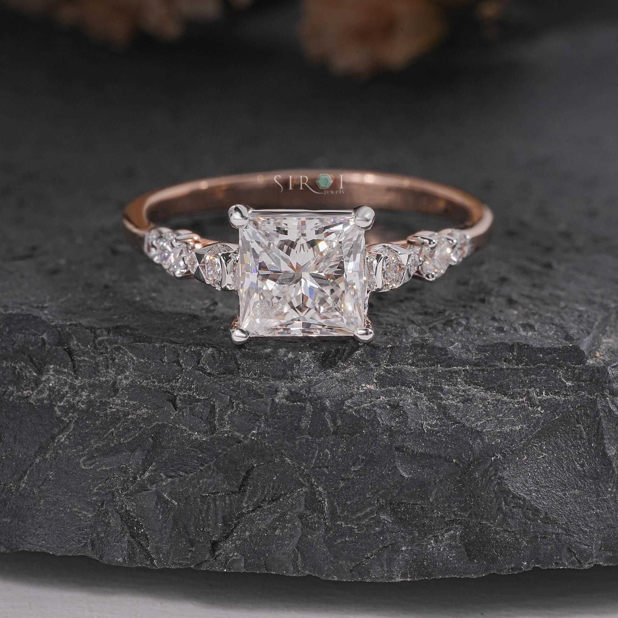 Princess Cut Diamond Engagement Ring with Pave Accents