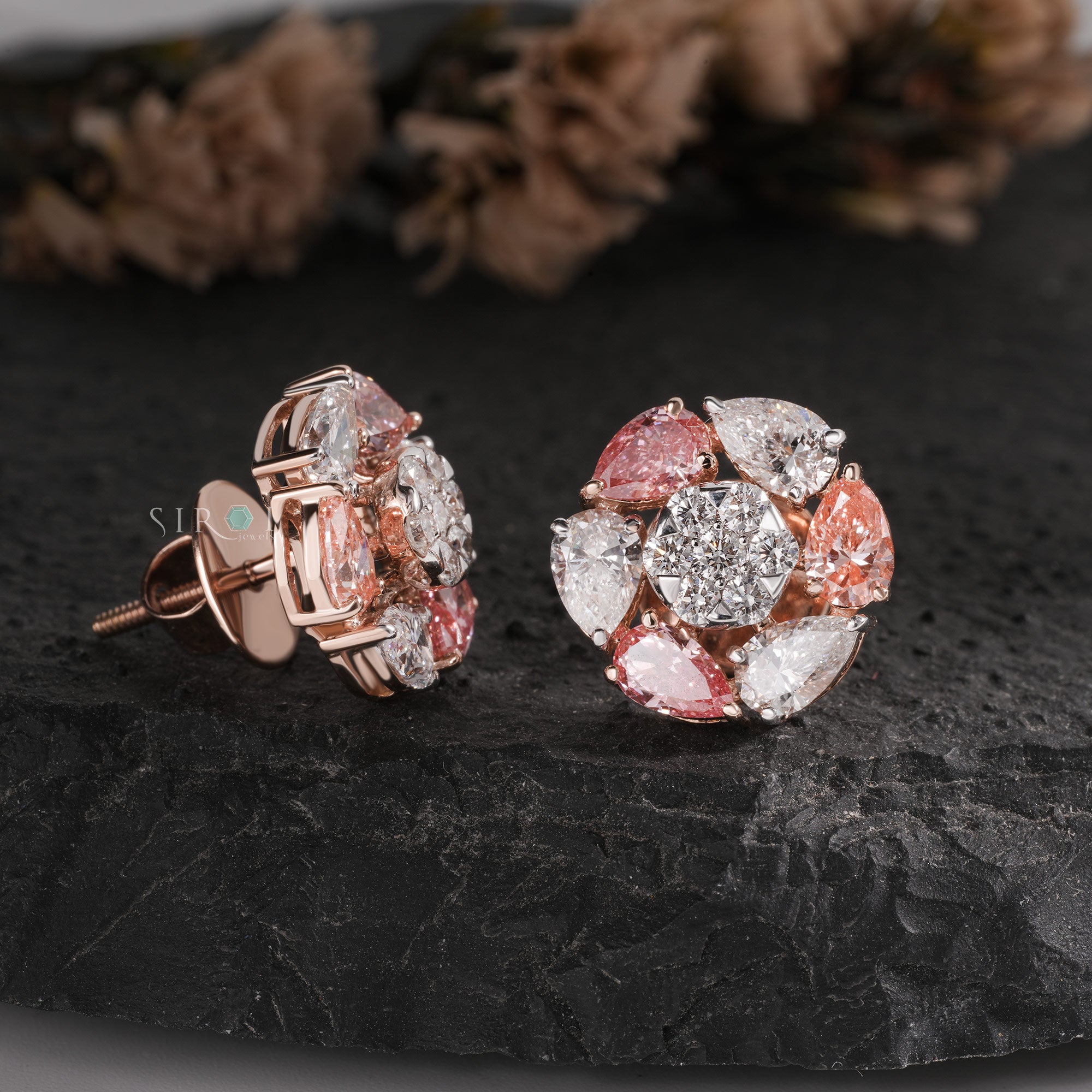 Fancy Pink & White Diamond Floral Cluster Studs.