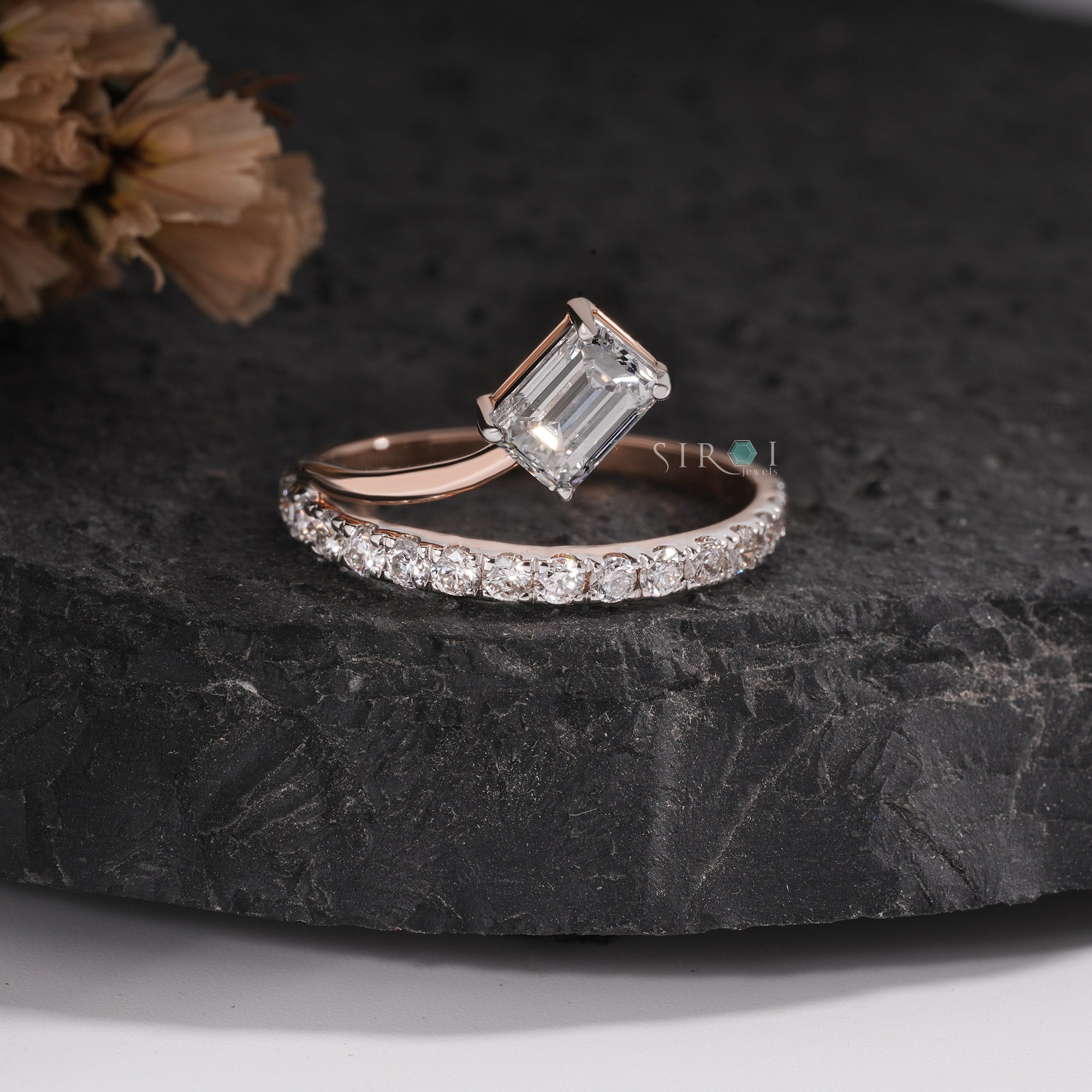 The Emerald-Cut Solitaire with Pave Diamond Band in Rose Gold