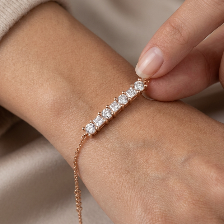 Princess And Round Cut Bar Bracelet In 9K Gold To 18K Gold, Sterling Silver