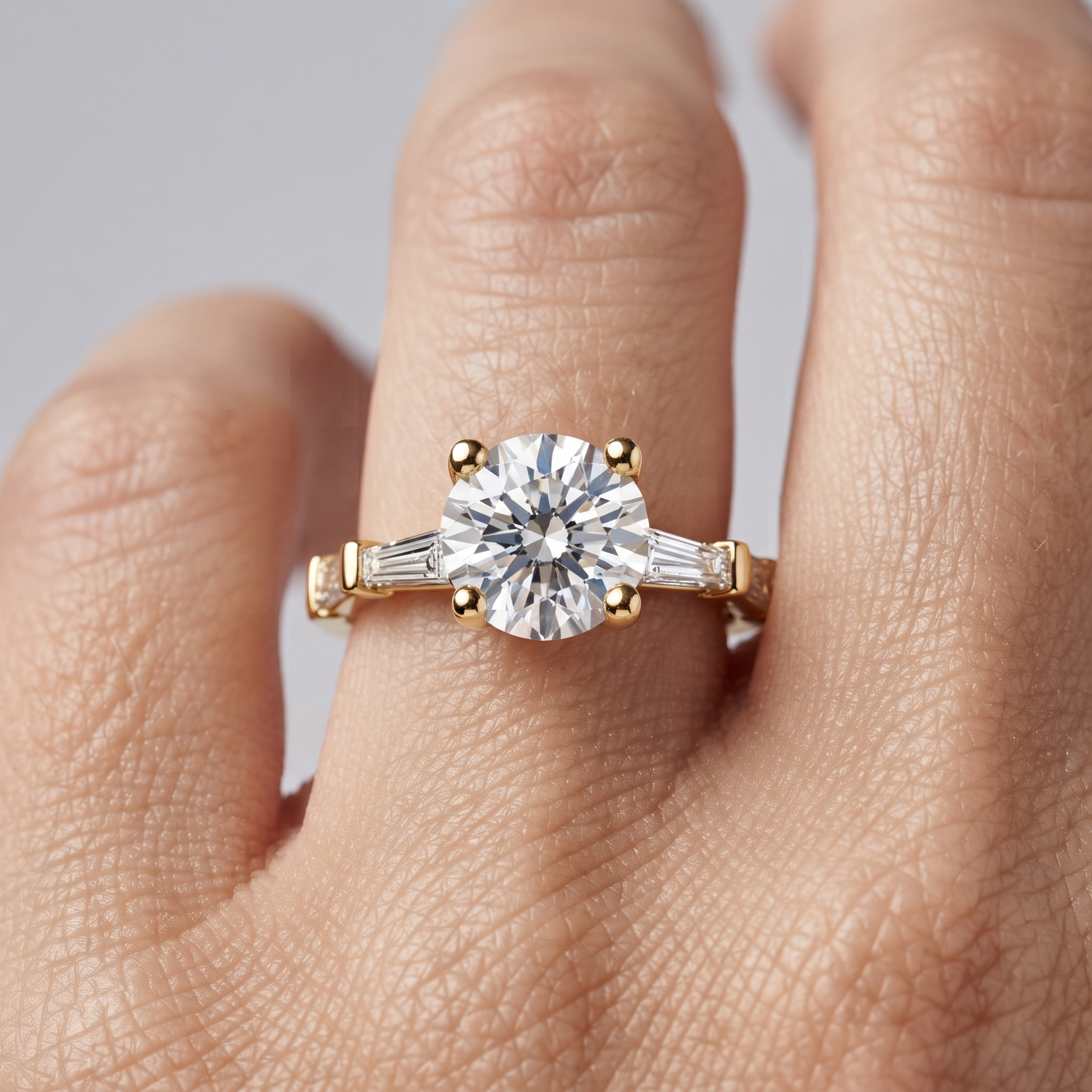 1.00 Carat Round Lab Grown Diamond Engagement Ring, Baguette Accents, Yellow Gold (Customizable)