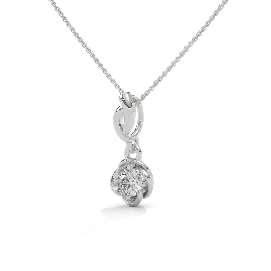 14K Gold Solitaire Diamond Pendant, Round Brilliant Cut, Floral Swirl Charm Necklace