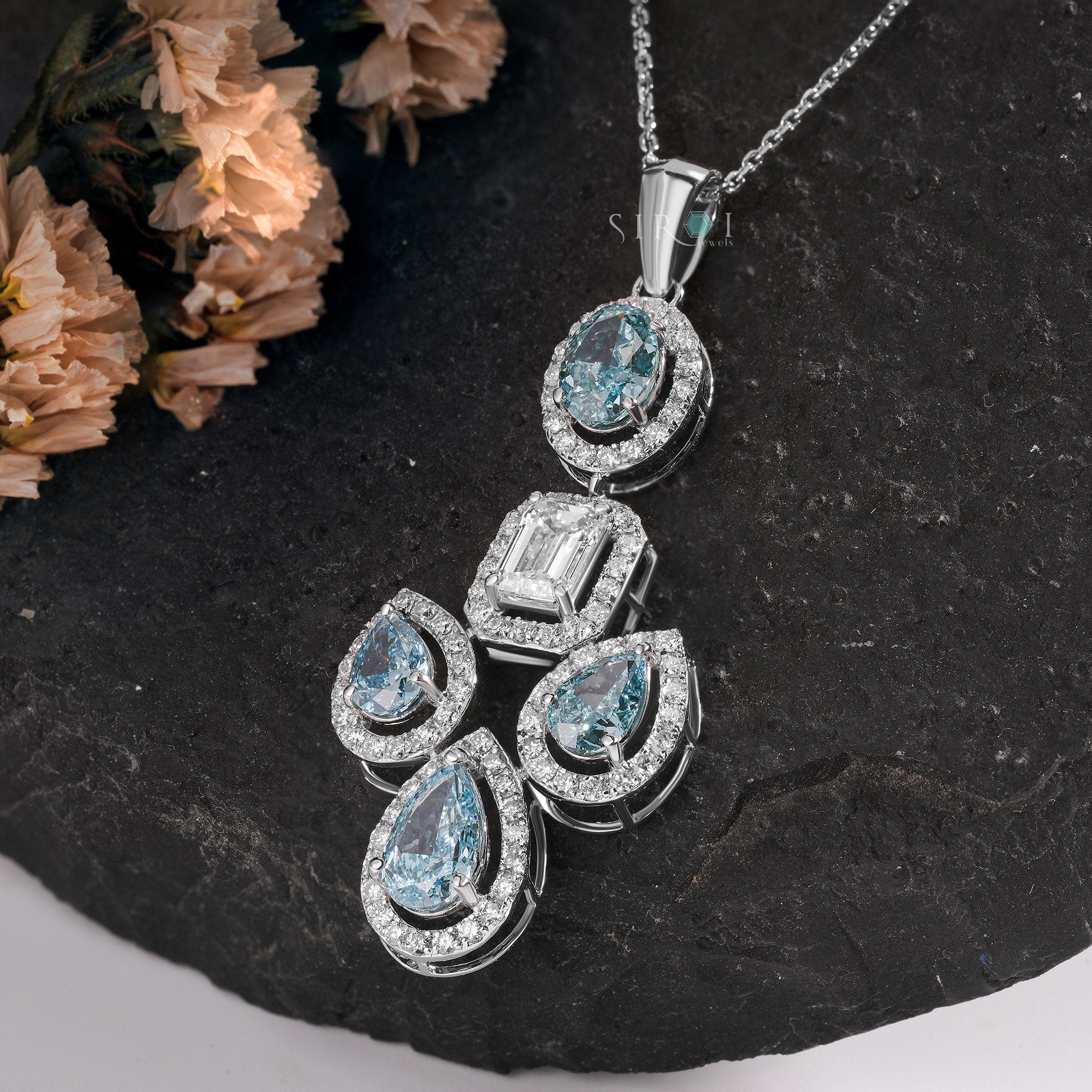 Aqua Cascade Emerald Diamond and Blue Pear Cluster Pendant in White Gold