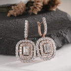 Elegant Double Halo Emerald Cut Diamond Drop Earrings in Rose Gold