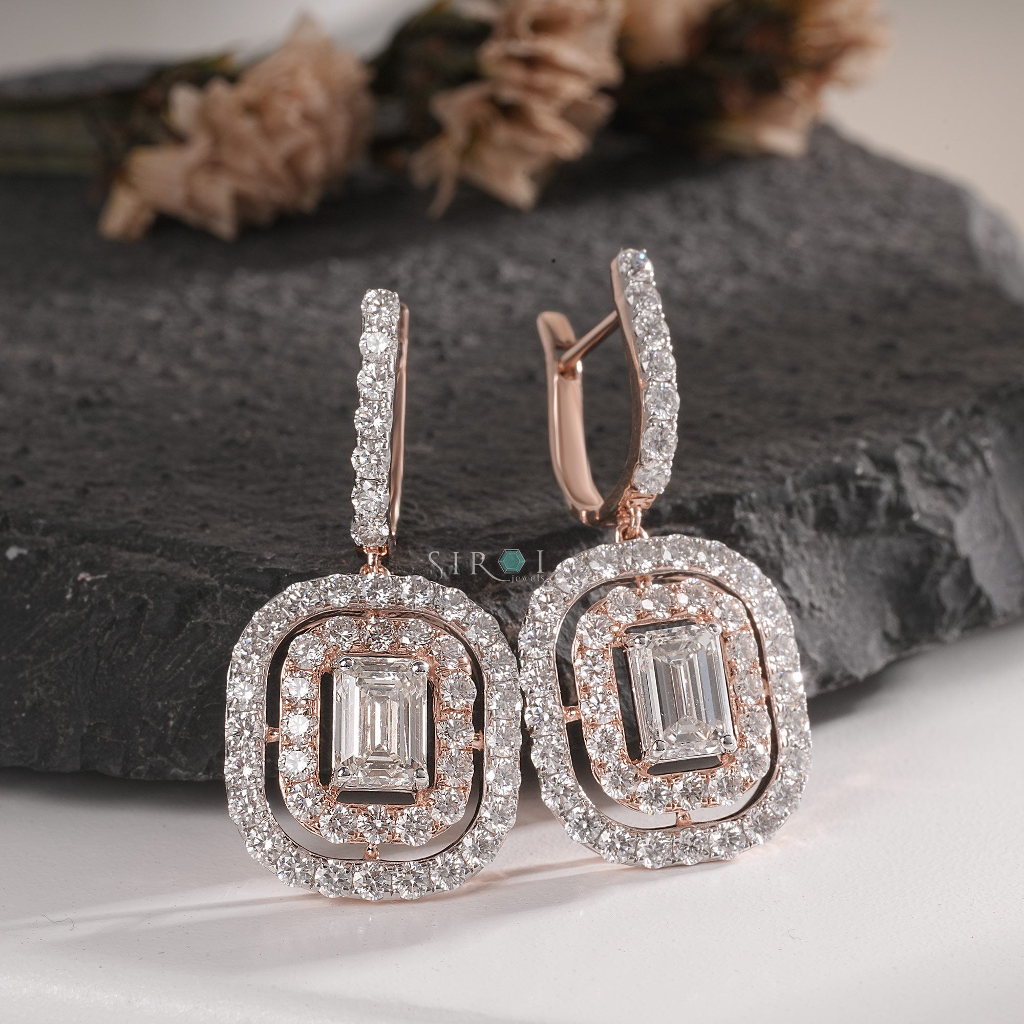 Elegant Double Halo Emerald Cut Diamond Drop Earrings in Rose Gold