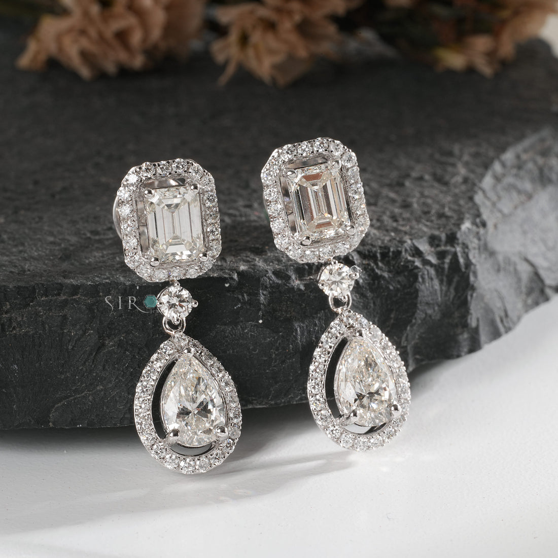 Emerald Cut and Pear Shape Diamond Halo Drop Earrings
