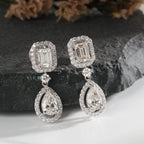 Emerald Cut and Pear Shape Diamond Halo Drop Earrings