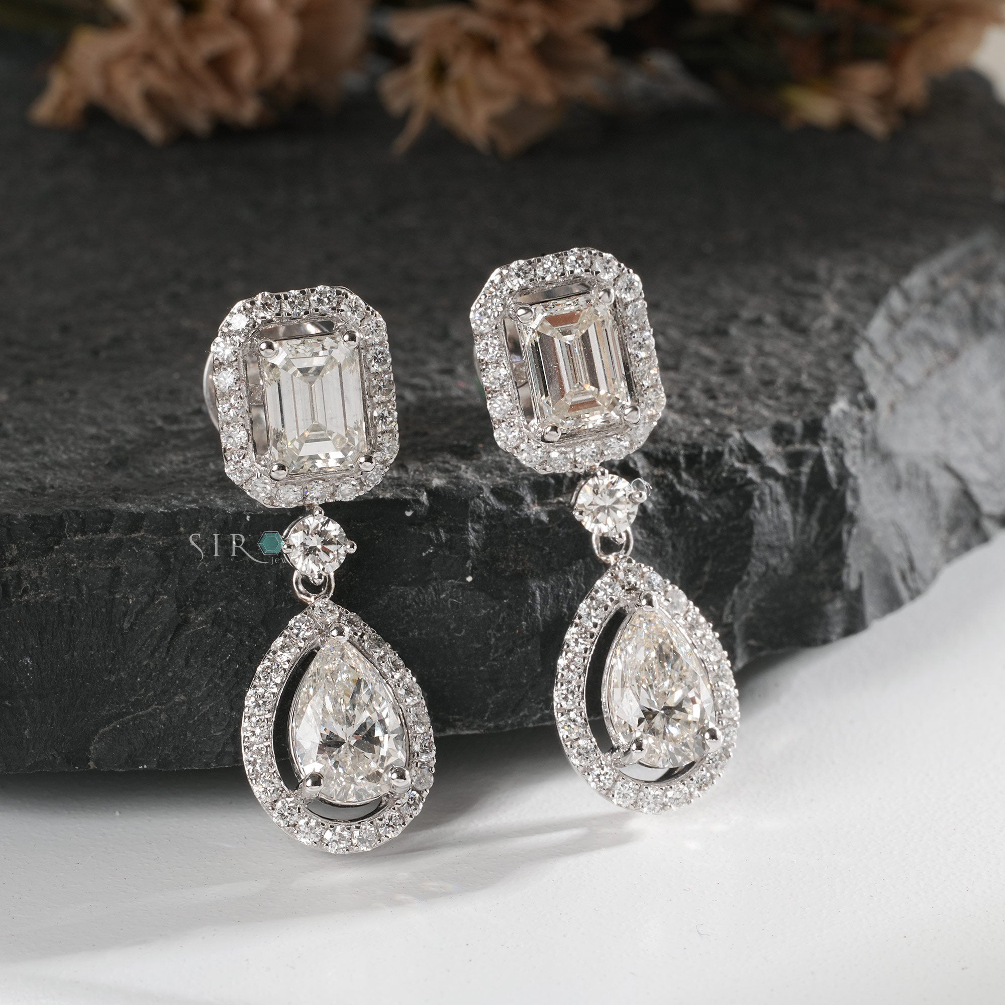 Emerald Cut and Pear Shape Diamond Halo Drop Earrings