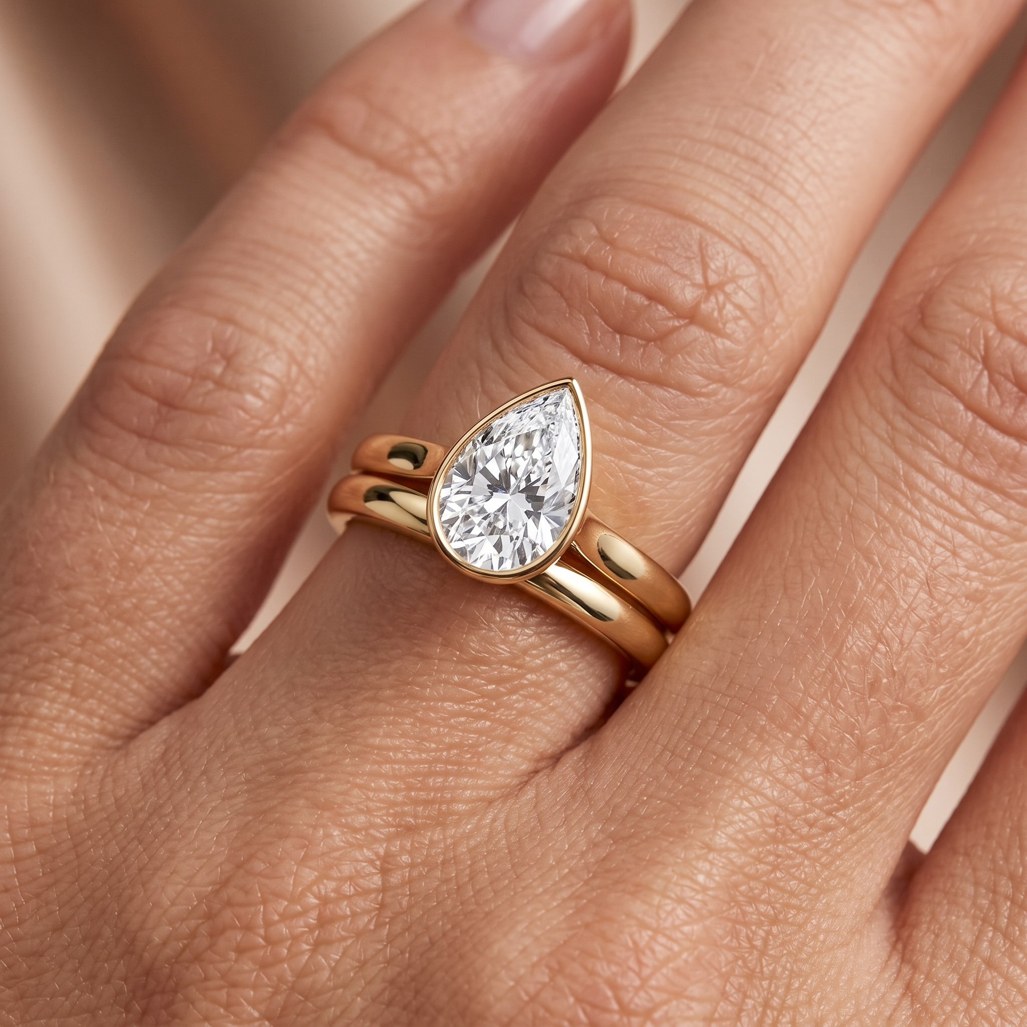 Pear Cut Diamond Bezel Ring, Yellow Gold Bridal Set, Teardrop Stacking Rings