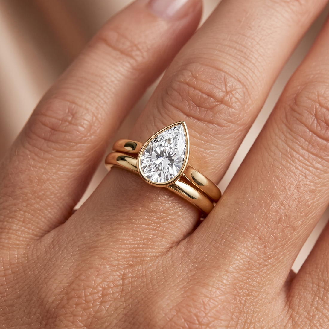 Pear Cut Diamond Bezel Ring, Yellow Gold Bridal Set, Teardrop Stacking Rings