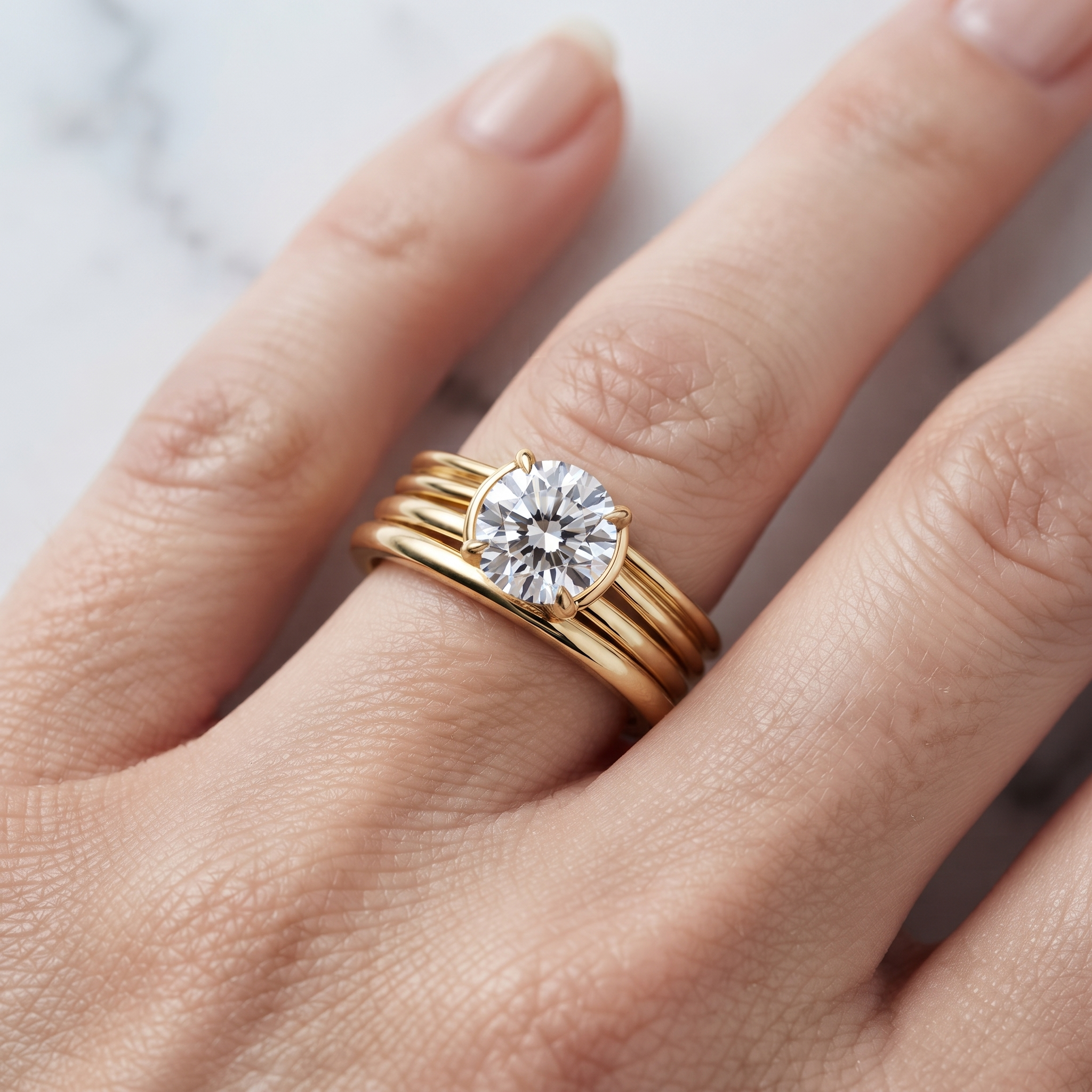 Gold Multi-Band Solitaire Ring Set | Round Cut Diamond, Minimalist Bridal Jewelry
