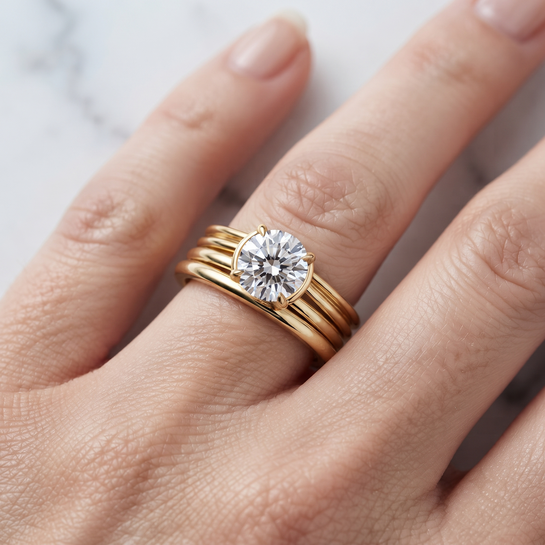 Gold Multi-Band Solitaire Ring Set | Round Cut Diamond, Minimalist Bridal Jewelry