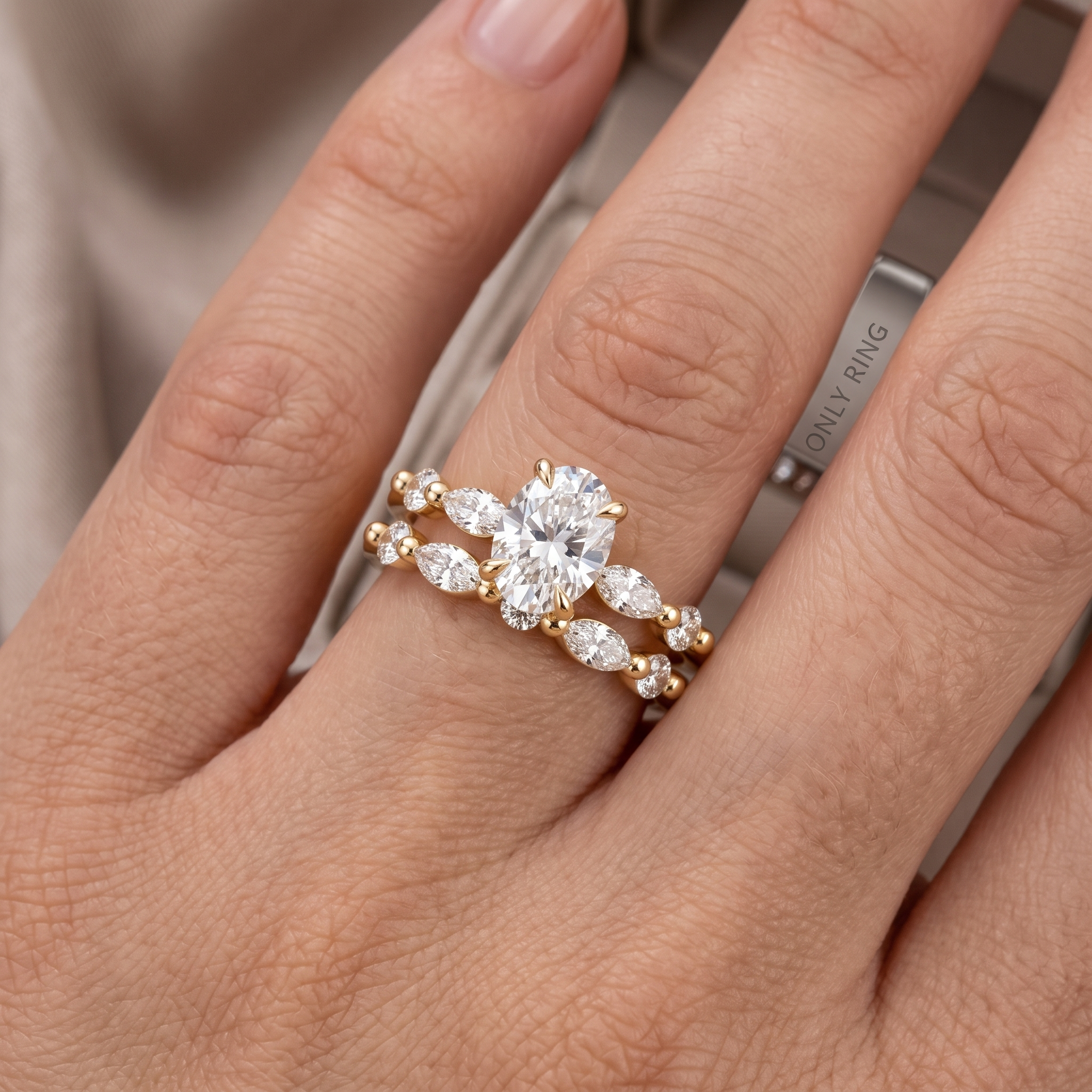 Oval Cut Solitaire Engagement Ring Set | Marquise Beaded Wedding Band (Yellow Gold)