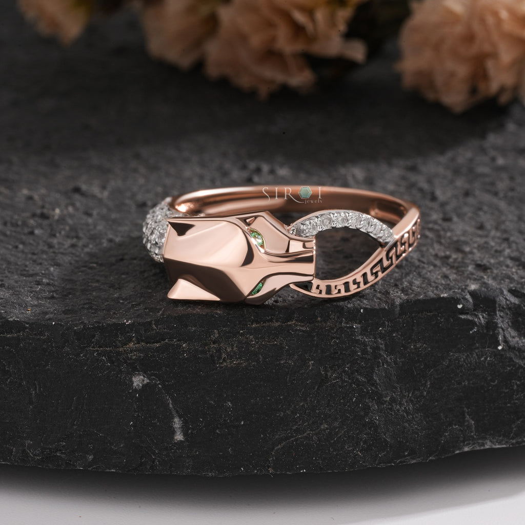 Sculptural Rose Gold Panther Ring with Pave Diamonds