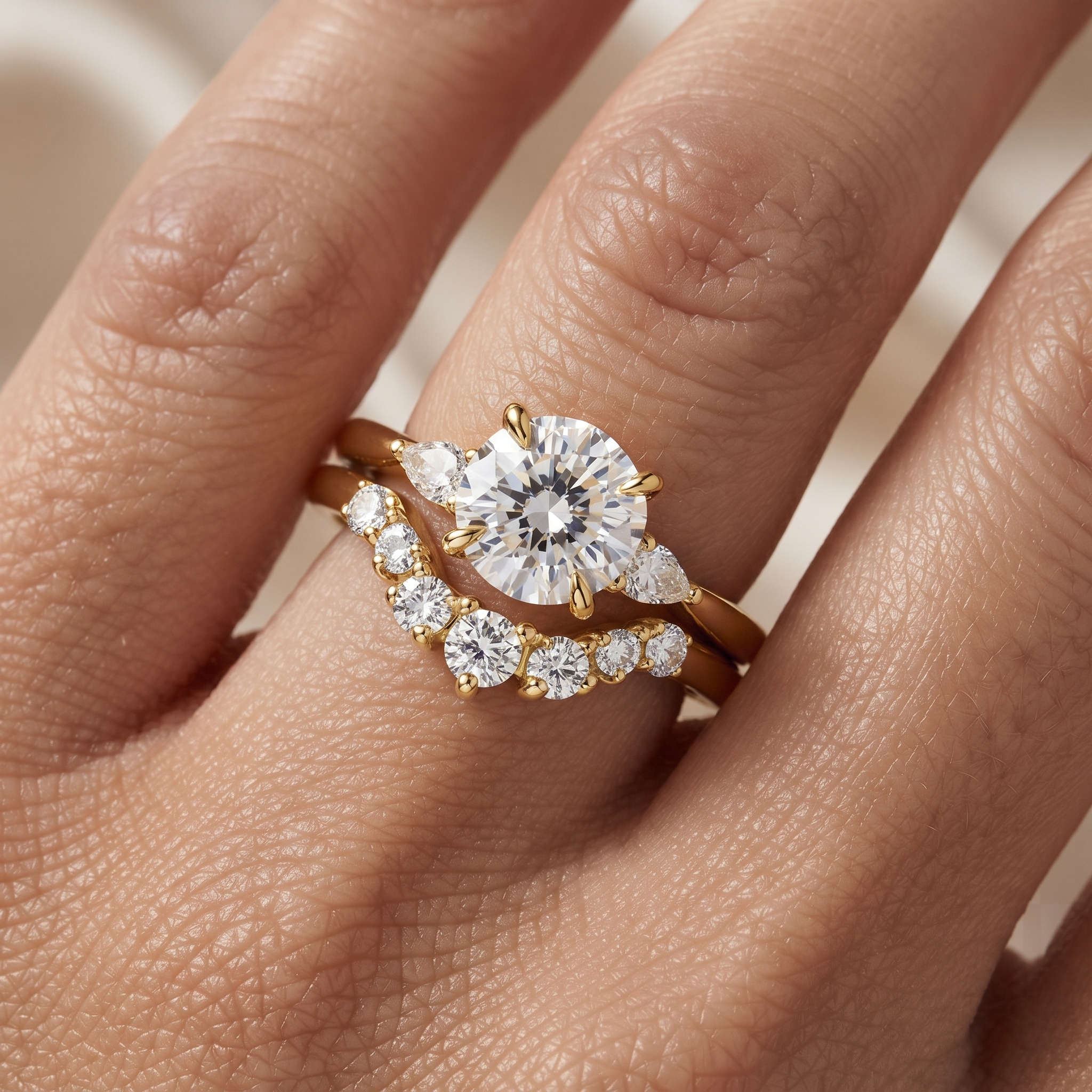 Round Engagement Ring Set, Pear Side Stones, Yellow Gold Curved Wedding Band