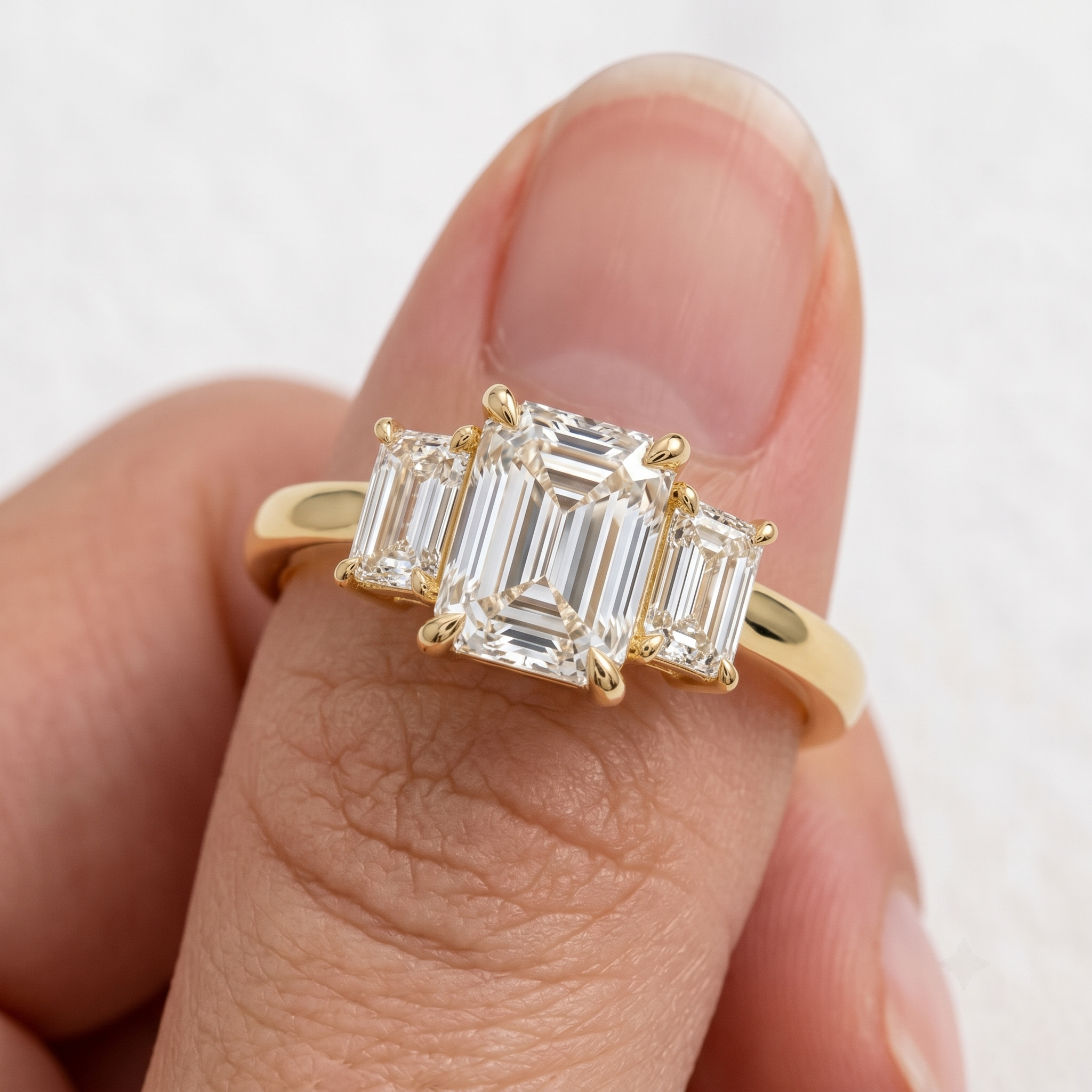 Emerald Cut Three Stone Engagement Ring, Lab Grown Diamond, Solid Gold (9K-18K)