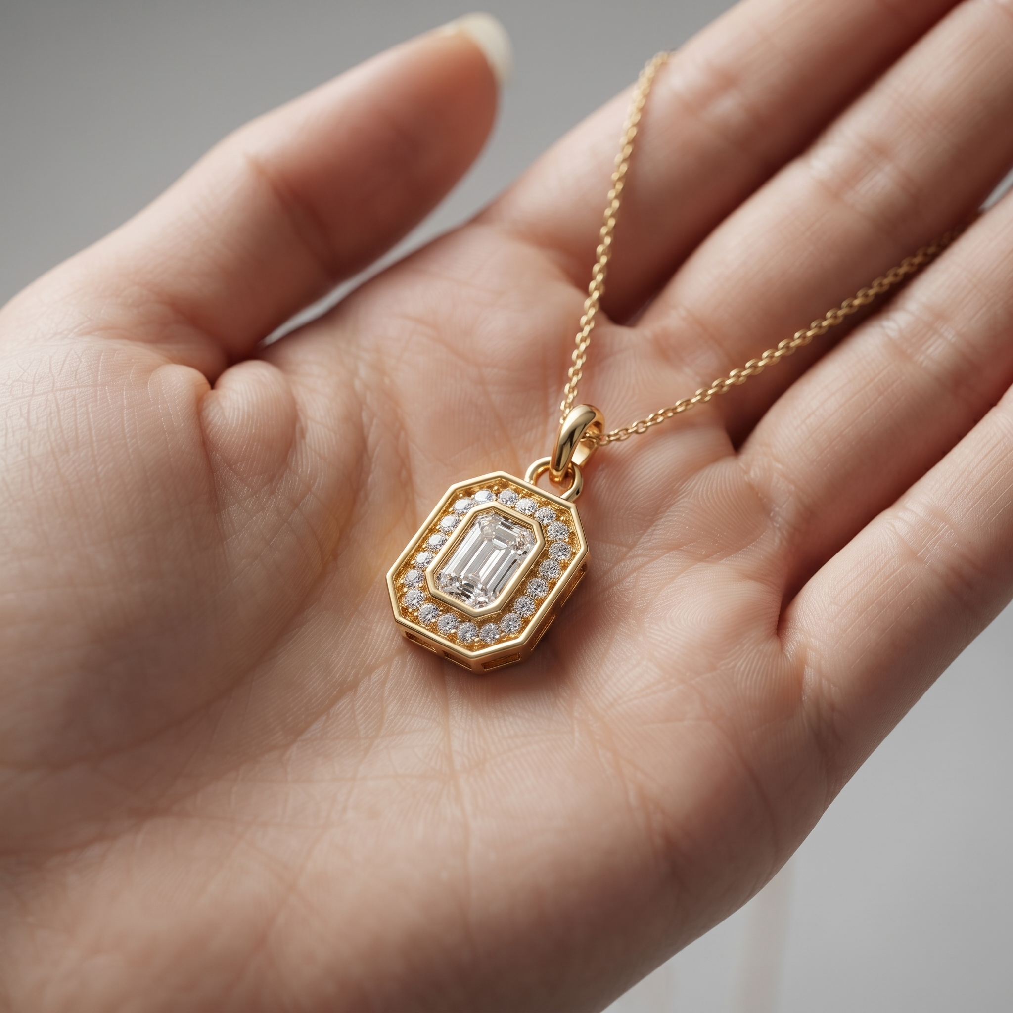 Emerald Cut Diamond Halo Pendant, Octagon Frame, Dainty Gold Chain, Minimalist Bridal Jewelry