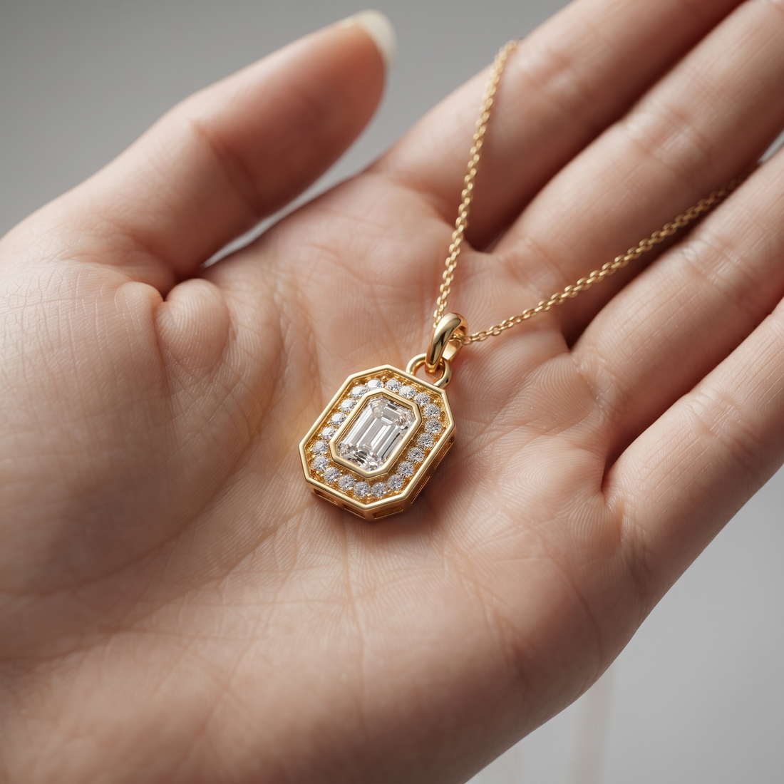 Emerald Cut Diamond Halo Pendant, Octagon Frame, Dainty Gold Chain, Minimalist Bridal Jewelry