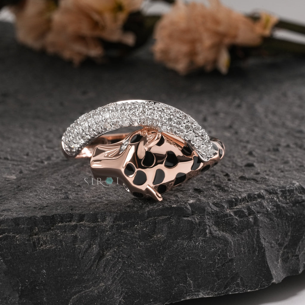 Rose Gold & Black Enamel Leopard/Panther Ring with Pave Diamond Band