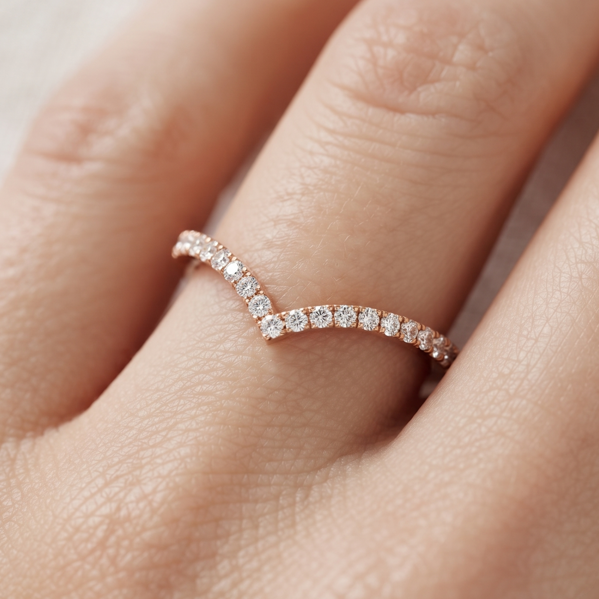 Diamond V Shape Ring, Curved Wedding Band, Pave Set Diamonds, Stacking Chevron Ring