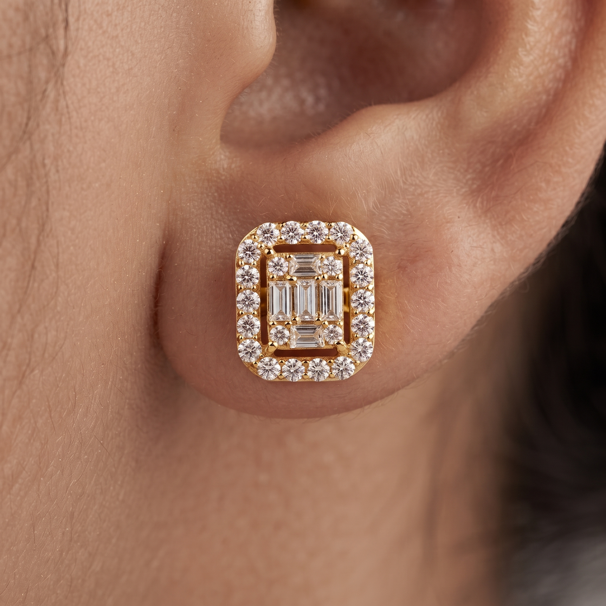 Baguette and Round Diamond Halo Stud Earrings