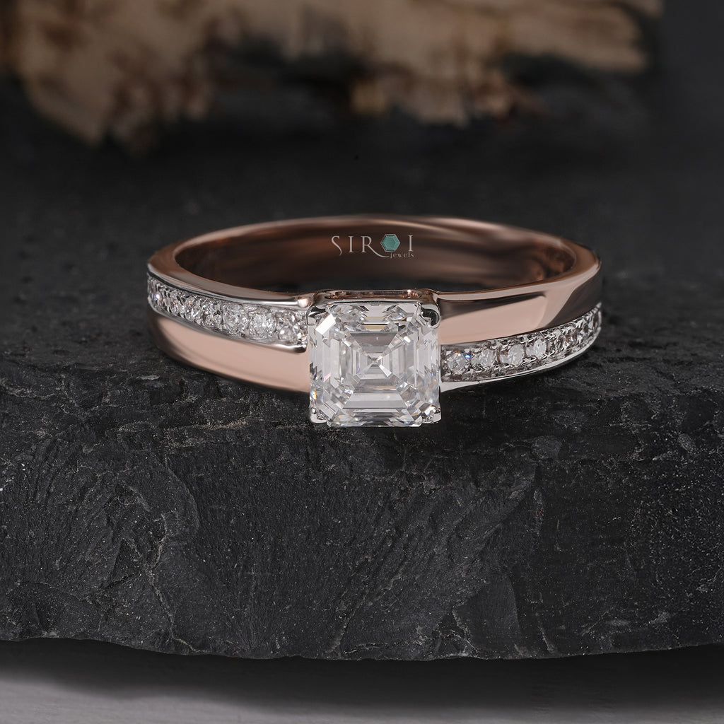 Rose Gold emerald Diamond Ring with Shoulder Pave