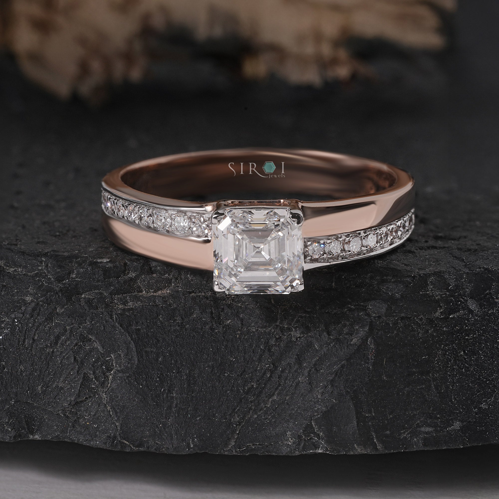 Rose Gold emerald Diamond Ring with Shoulder Pave