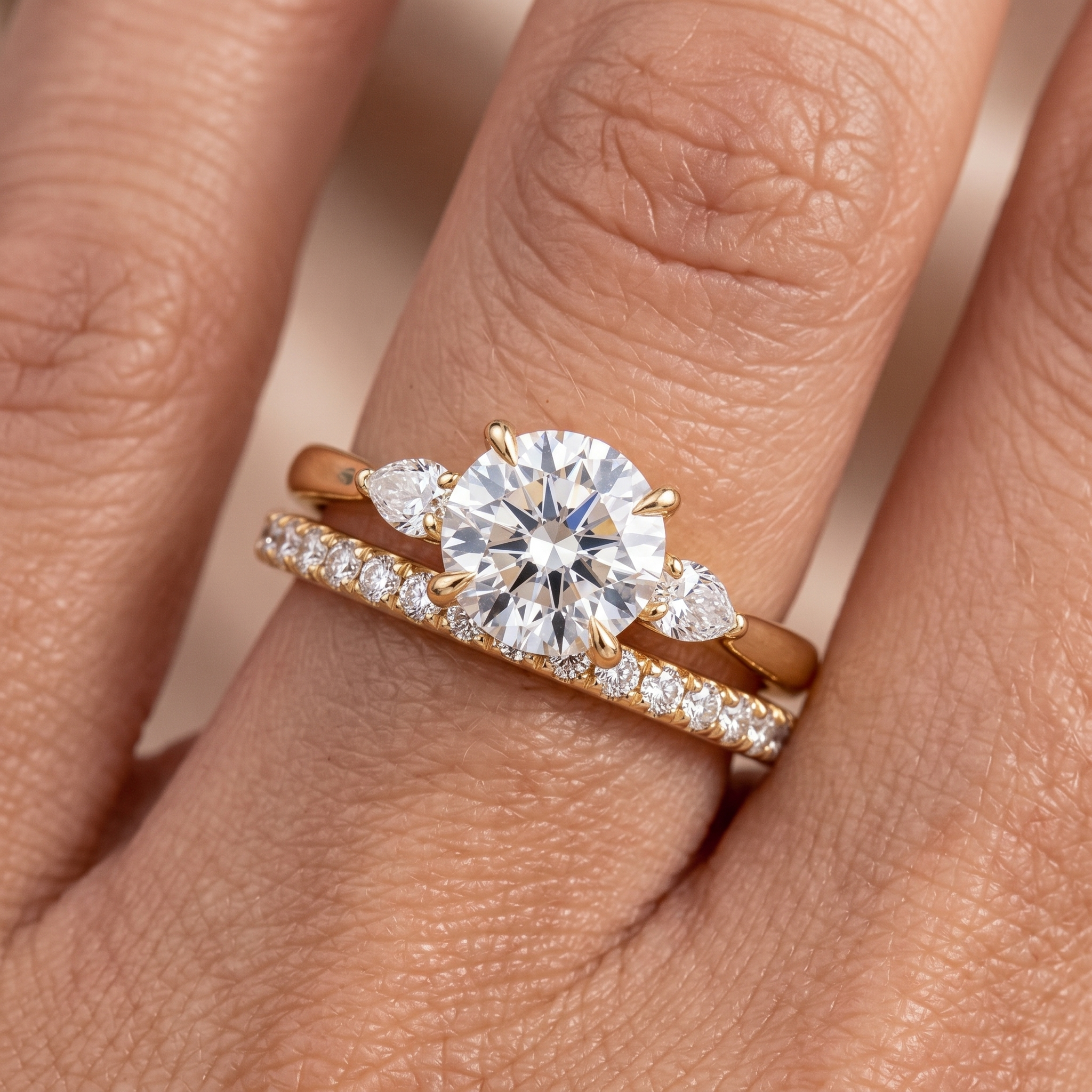 Round Cut Solitaire Engagement Ring & Matching Band Set, Yellow Gold, Milgrain Accents