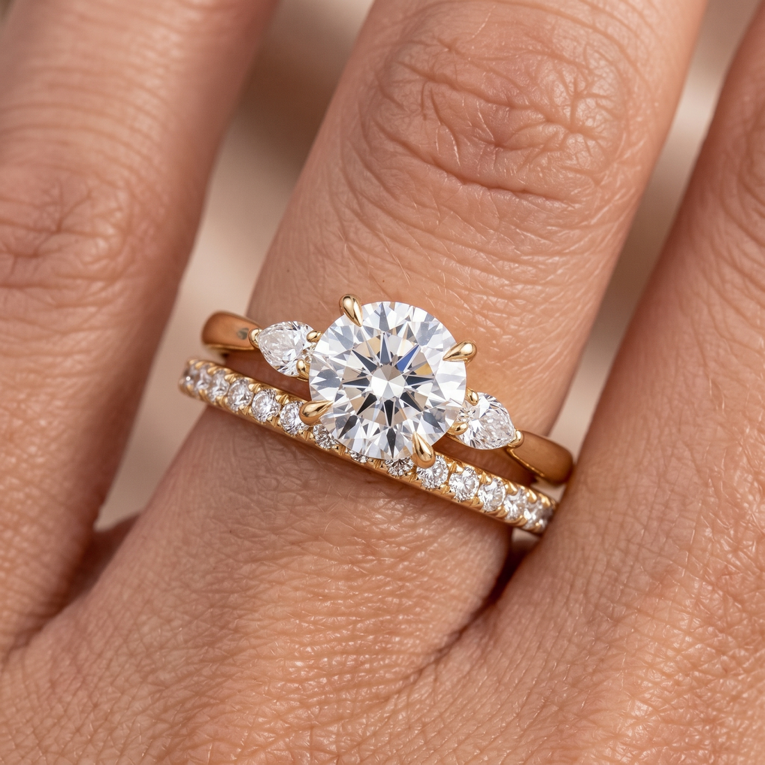 Round Cut Solitaire Engagement Ring & Matching Band Set, Yellow Gold, Milgrain Accents