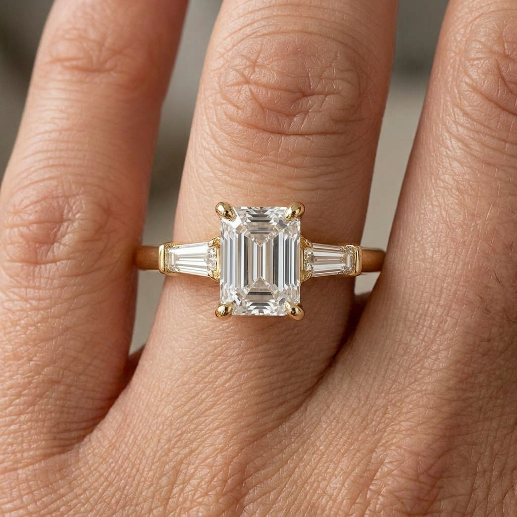 Emerald Cut Three Stone Engagement Ring, Tapered Baguette Lab Grown Diamond, Solid Gold Band