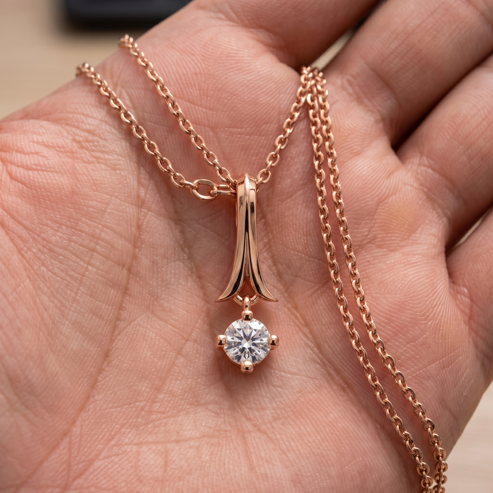 14K Solid Gold Round Diamond Drop Pendant, Minimalist Ribbon Bail Necklace