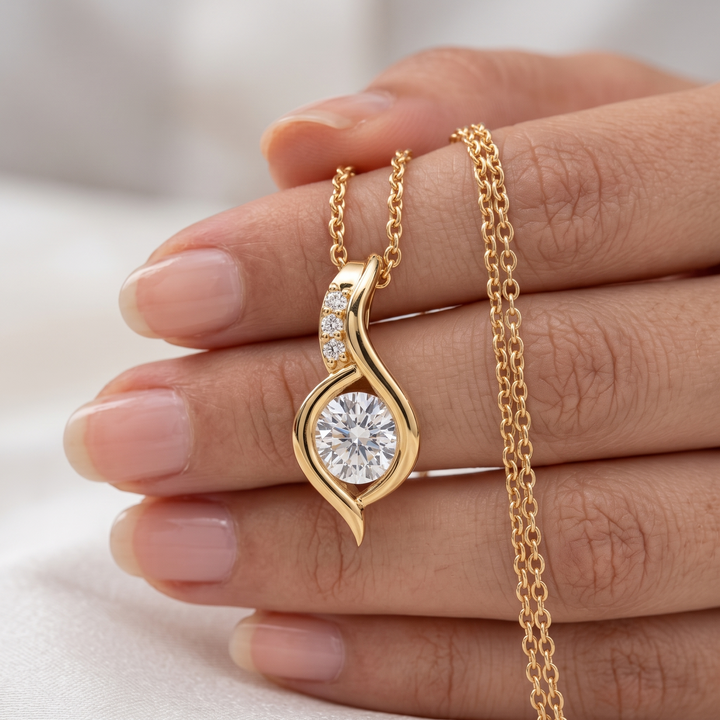 14K Gold Swirl Diamond Pendant Necklace, Teardrop Solitaire, Modern Twist Design