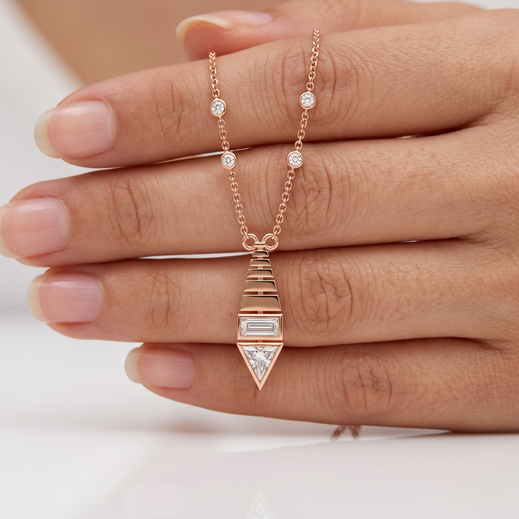 Art Deco Diamond Pendant Necklace, Baguette & Trillion Cut, Minimalist Gold Statement Jewelry