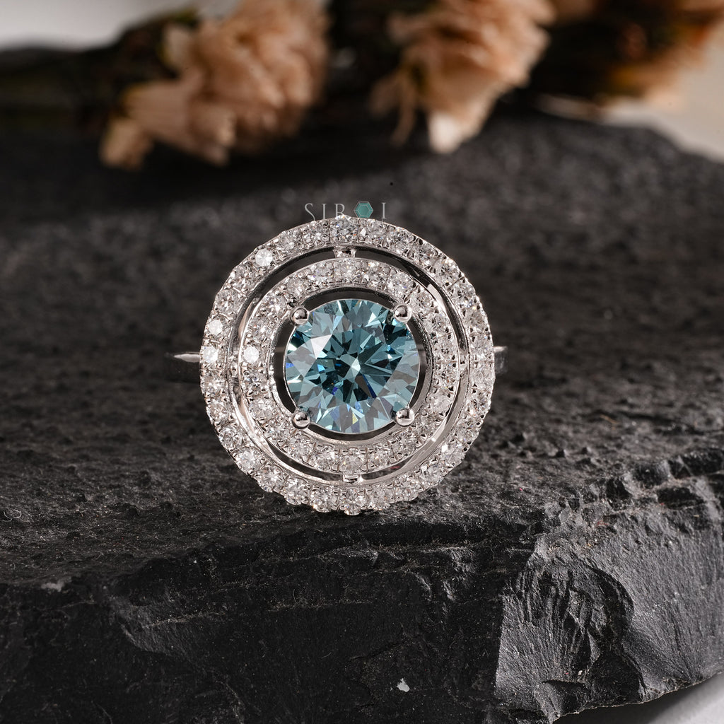 Round Cut Aqua Center Stone Ring with Pave Setting