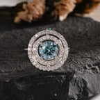 Round Cut Aqua Center Stone Ring with Pave Setting