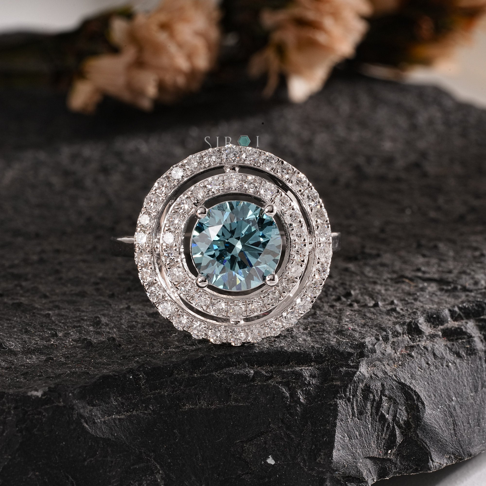Round Cut Aqua Center Stone Ring with Pave Setting