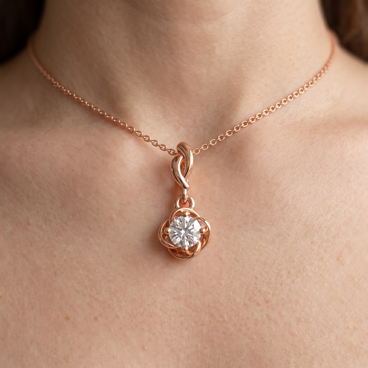 14K Gold Solitaire Diamond Pendant, Round Brilliant Cut, Floral Swirl Charm Necklace