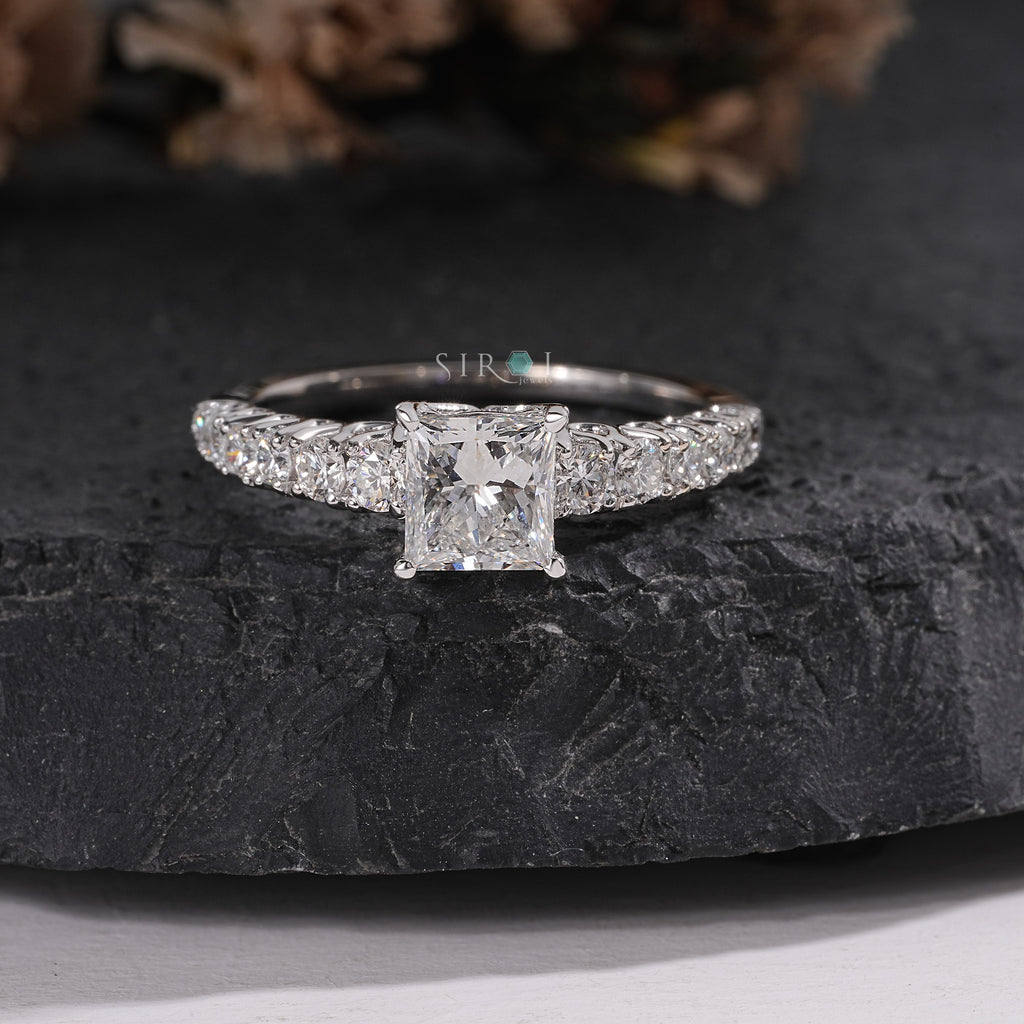 Princess-Cut Diamond Engagement Ring with Pave-Set Band