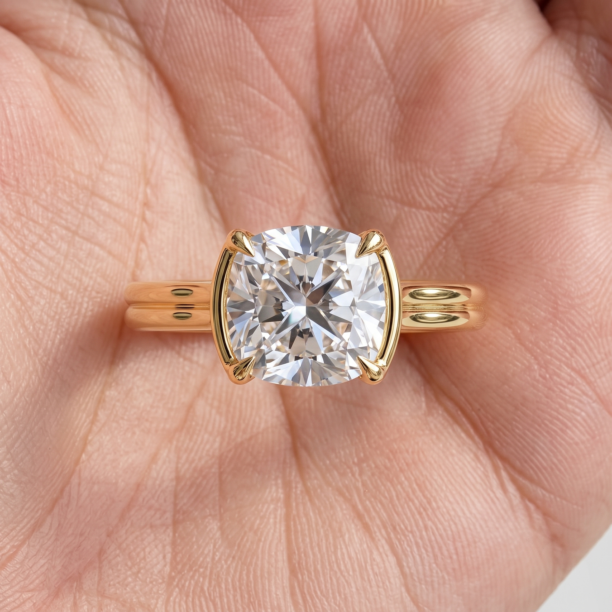 Cushion Cut Lab Diamond Engagement Ring, East West Double Shank Setting