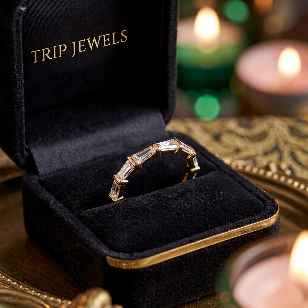 Baguette Cut Diamond Wedding Band, Art Deco Stacking Ring, Solid Gold Anniversary Band