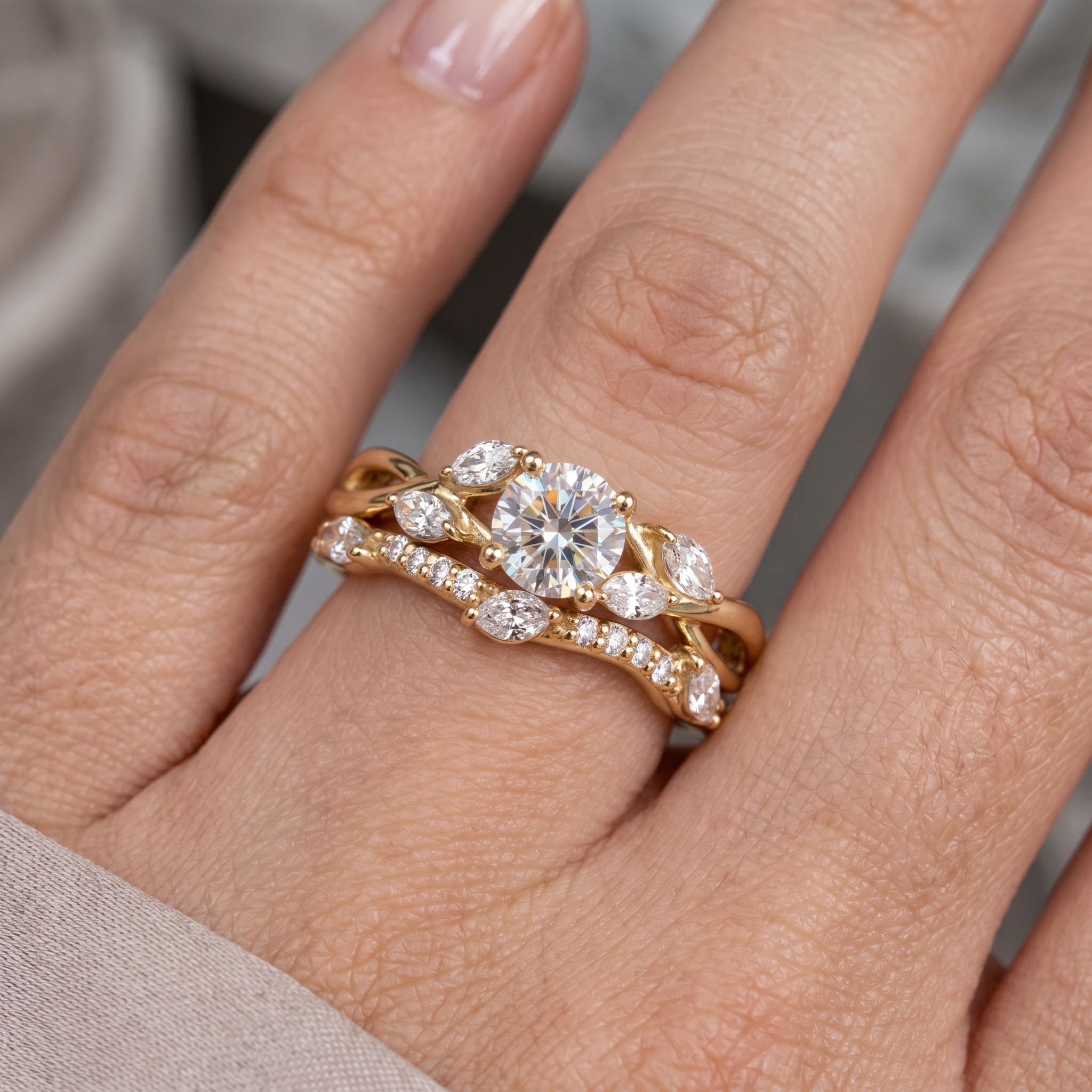 Lab Grown Diamond Engagement Ring Set, Nature Inspired Leaf Vine Design, Curved Wedding Band