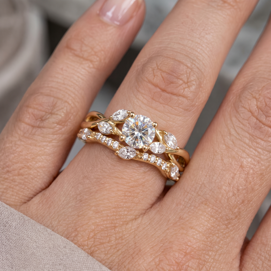 Lab Grown Diamond Engagement Ring Set, Nature Inspired Leaf Vine Design, Curved Wedding Band