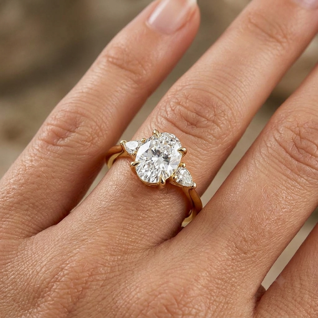 Oval Lab Grown Diamond Ring, 3-Stone Pear Side Stones, Minimalist Gold Engagement Ring