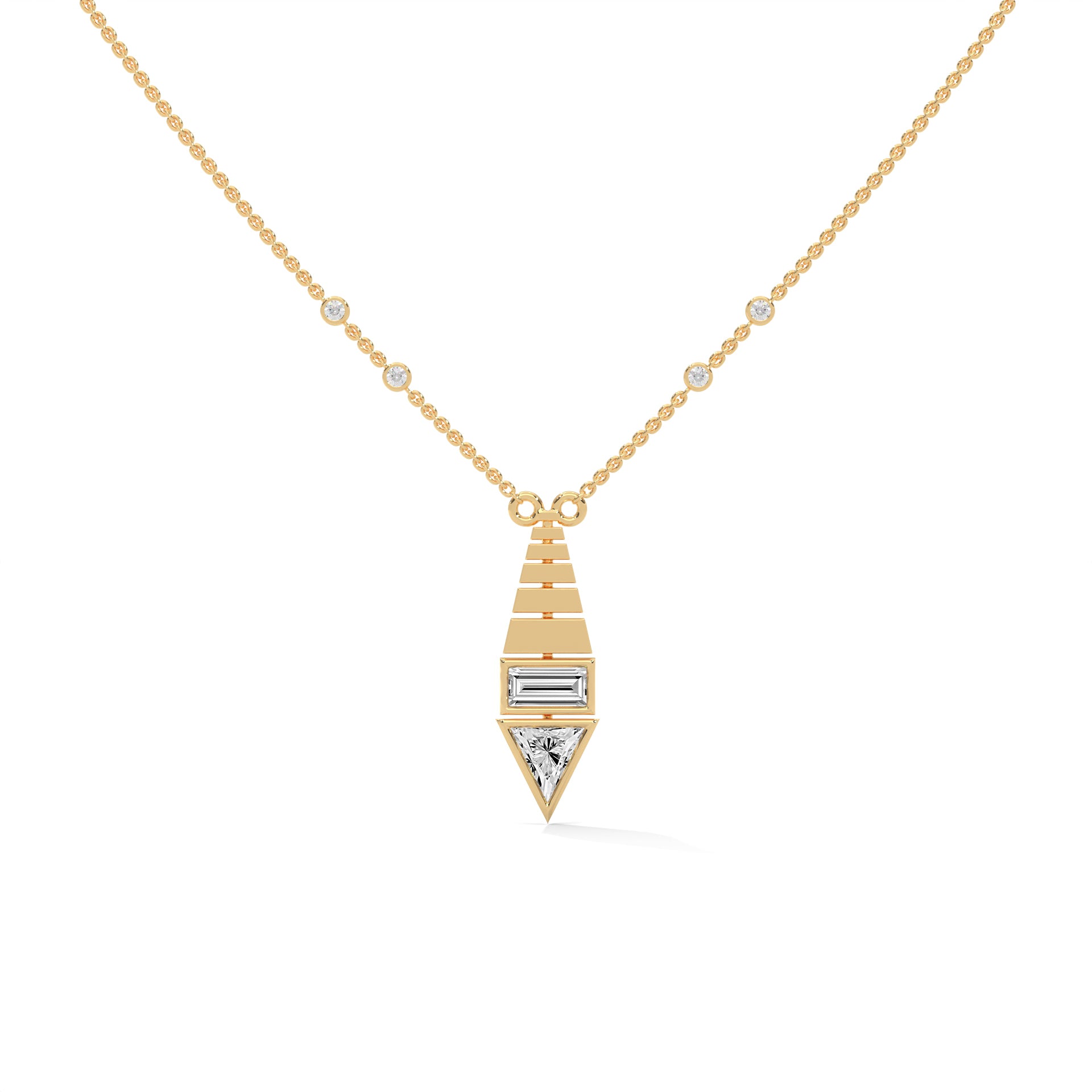 Art Deco Diamond Pendant Necklace, Baguette & Trillion Cut, Minimalist Gold Statement Jewelry